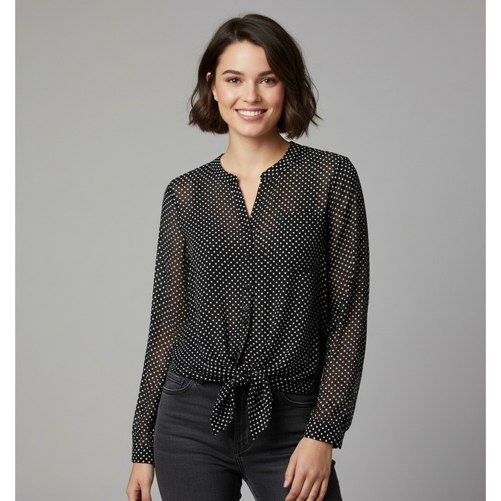 New Directions‎ XL Top Black Dot Sheer Tie Preppy Edgy Boho Office Siren Dressy